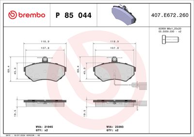 BREMBO BRAKE PAD FOR AUDI/SEAT/VW, FRONT P85044