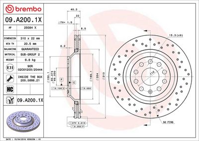 BREMBO BRAKE DISC FOR AUDI/AUDI (FAW)/AUDI (SAIC)/CHRYSLER/CUPRA/SEAT/SKODA/VW/VW (FAW)/VW (SVW), DIAMETER 310, REAR