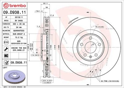 BREMBO BRAKE DISC FOR PORSCHE, DIAMETER 360, (FRONT) 09.D938.11