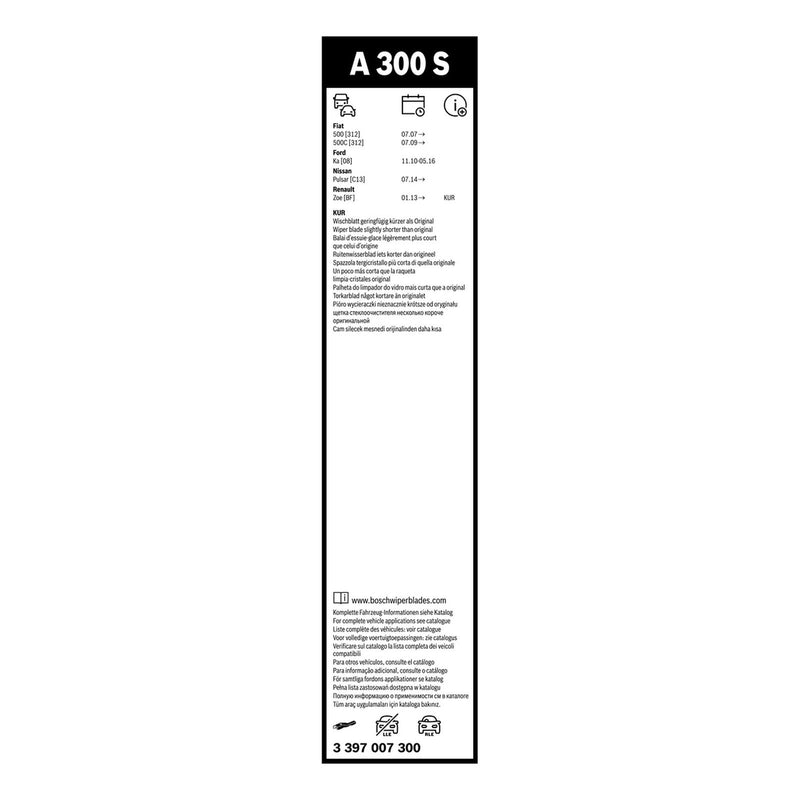 BOSCH WIPER - AEROTWIN FLAT BLADE SET 600/340 for Fiat 500 - 1.2 - 07- etc