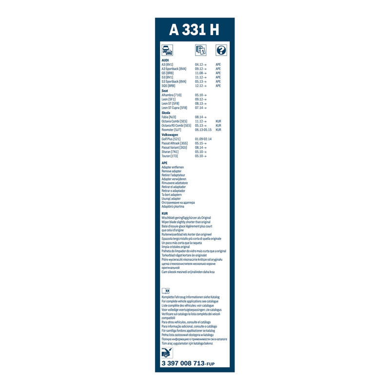 BOSCH WIPER - AEROTWIN FLAT BLADE REAR 330 for VW T-Roc TSi - 1.5 - 17- etc