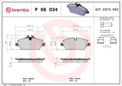 BREMBO BRAKE PAD FOR BMW/MINI, FRONT P06034