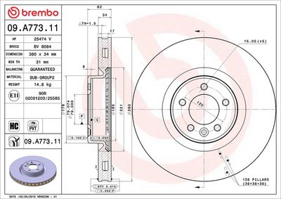 BREMBO BRAKE DISC FOR LAND ROVER, DIAMETER 380, FRONT 09.A773.11