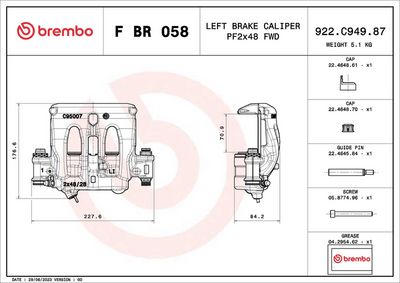 BREMBO BRAKE CALIPER LCV PRIME F BR 058 BRAKE CALIPER SUITABLE FOR MERCEDES-BENZ SPRINTER, DIAMETER 48 - IN FRONT OF AXLE, FRONT AXLE LEFT