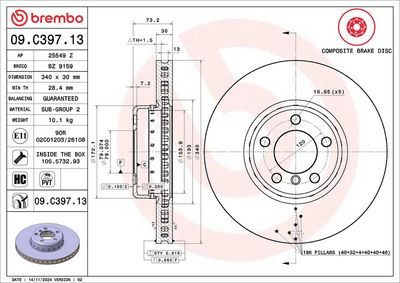 BREMBO BRAKE DISC FOR BMW/BMW (BRILLIANCE), DIAMETER 340, (FRONT) 09.C397.13