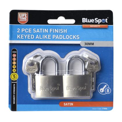 BLUE SPOT TOOLS 2 PCE 30MM SATIN FINISH KEYED ALIKE PADLOCKS