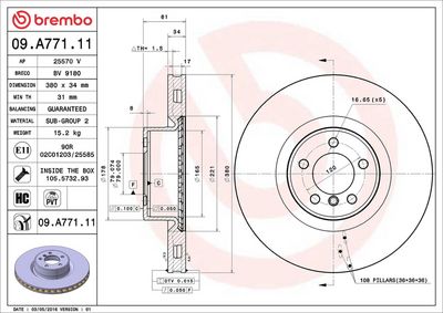 BREMBO BRAKE DISC FOR LAND ROVER, DIAMETER 380, FRONT 09.A771.11