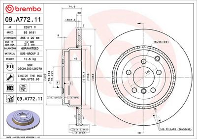 BREMBO BRAKE DISC FOR LAND ROVER, DIAMETER 365, REAR 09.A772.11