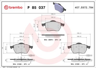 BREMBO BRAKE PAD FOR AUDI/VW, FRONT P85037