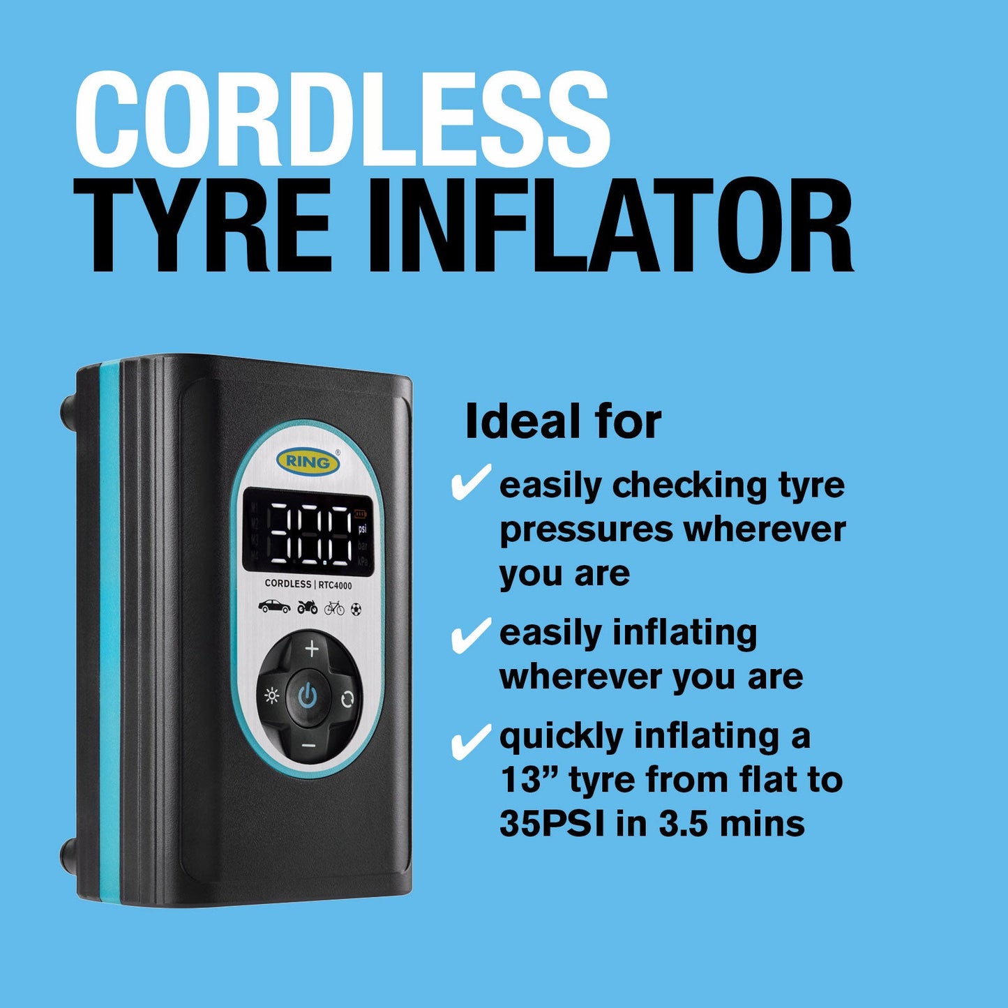 RING CORDLESS DIGITAL TYRE INFLATOR RECHARGEABLE AND POWERFUL