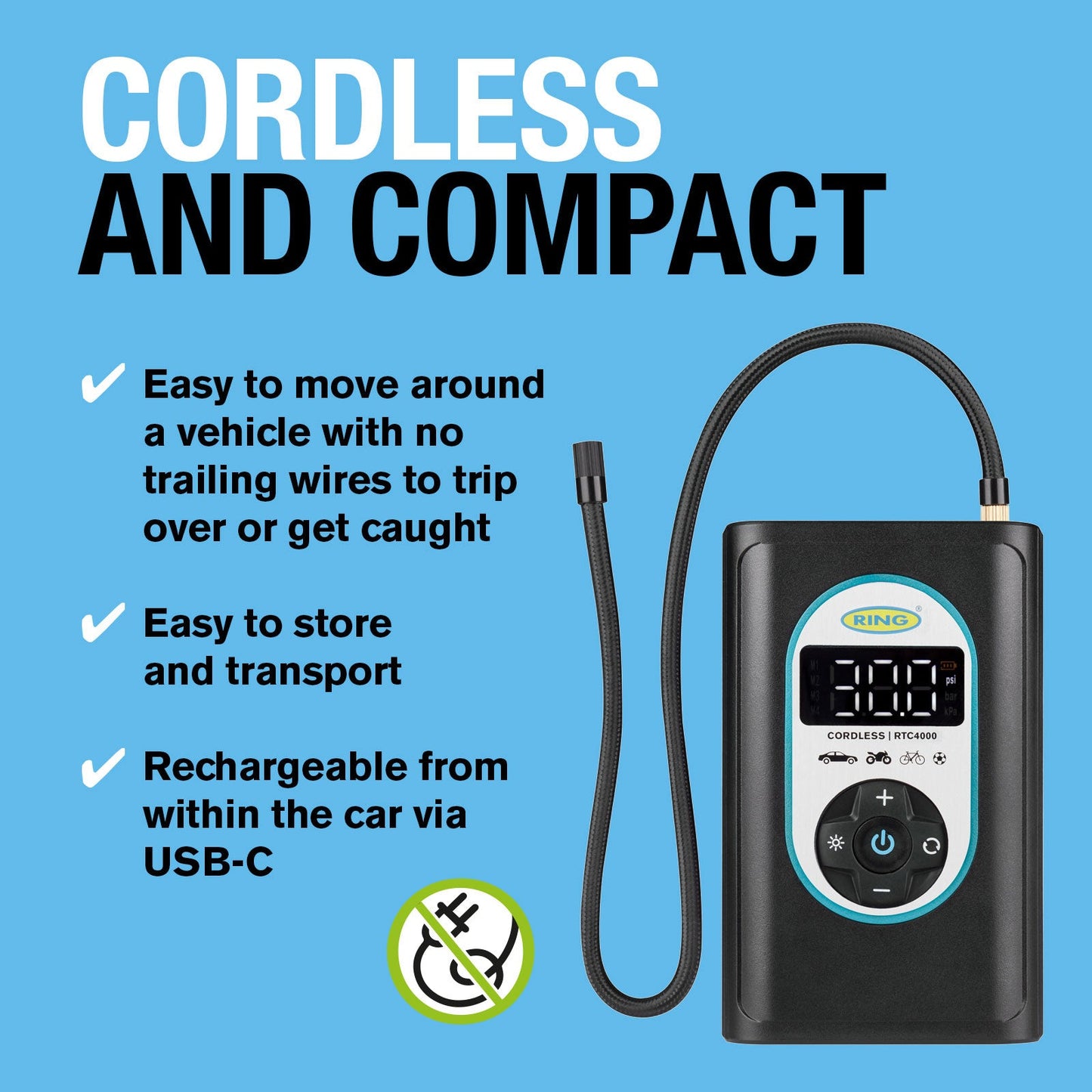 RING CORDLESS DIGITAL TYRE INFLATOR RECHARGEABLE AND POWERFUL