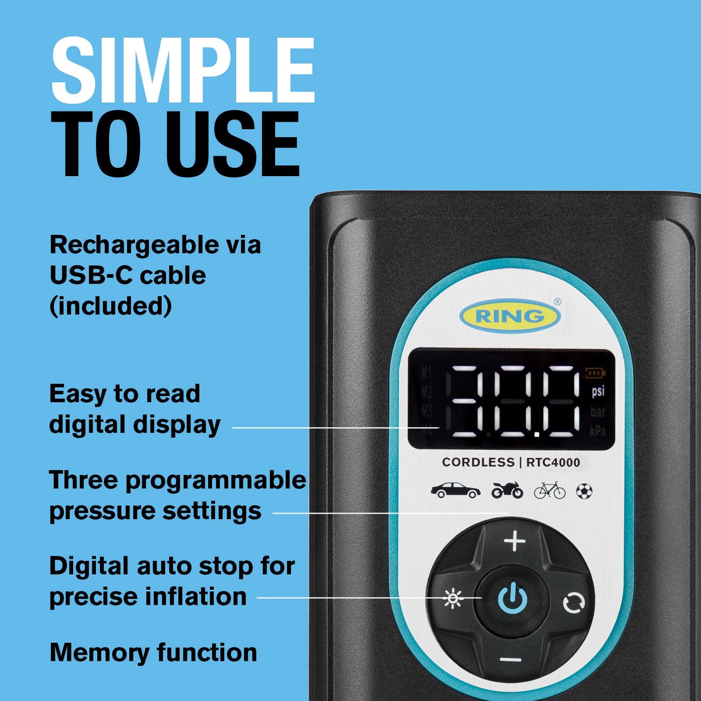 RING CORDLESS DIGITAL TYRE INFLATOR RECHARGEABLE AND POWERFUL