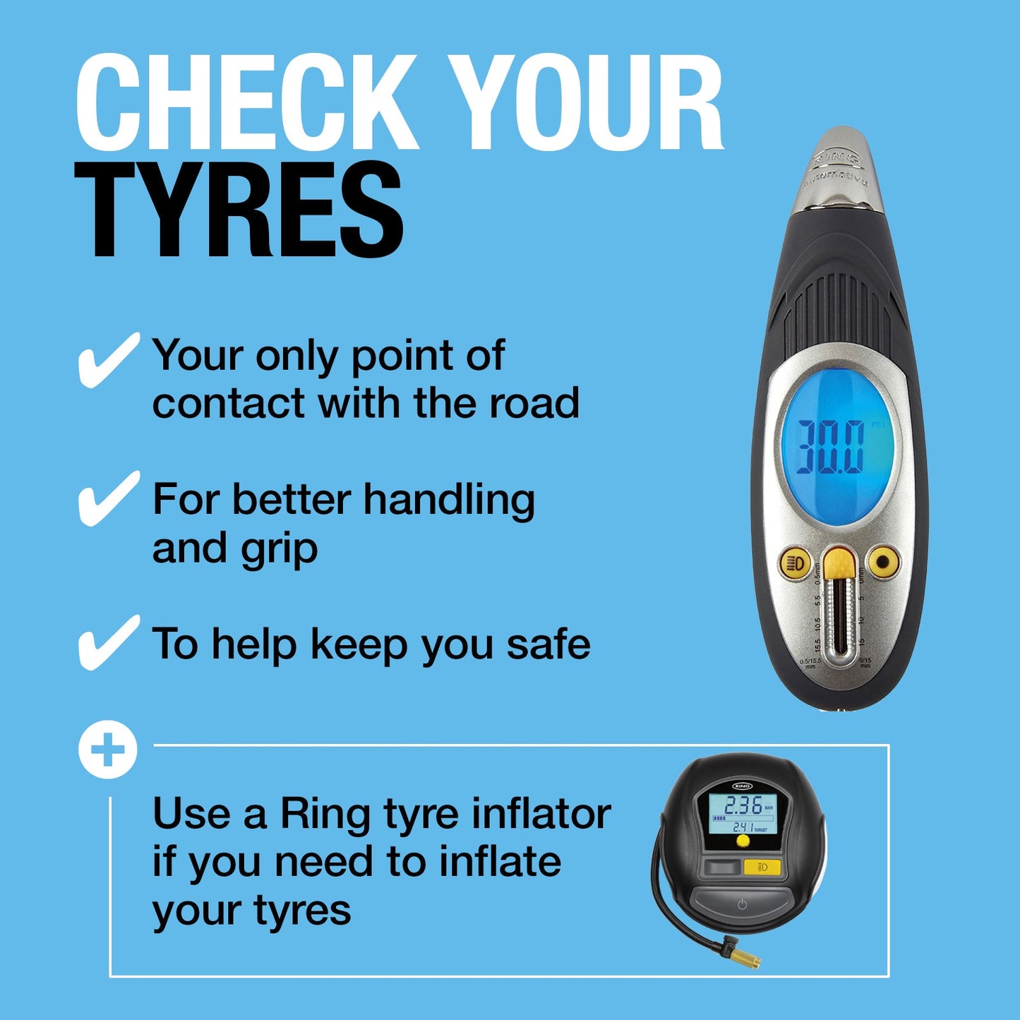 RING DIGITAL TYRE PRESSURE AND DEPTH GAUGE - HANDHELD TYRE CARE SOLUTION