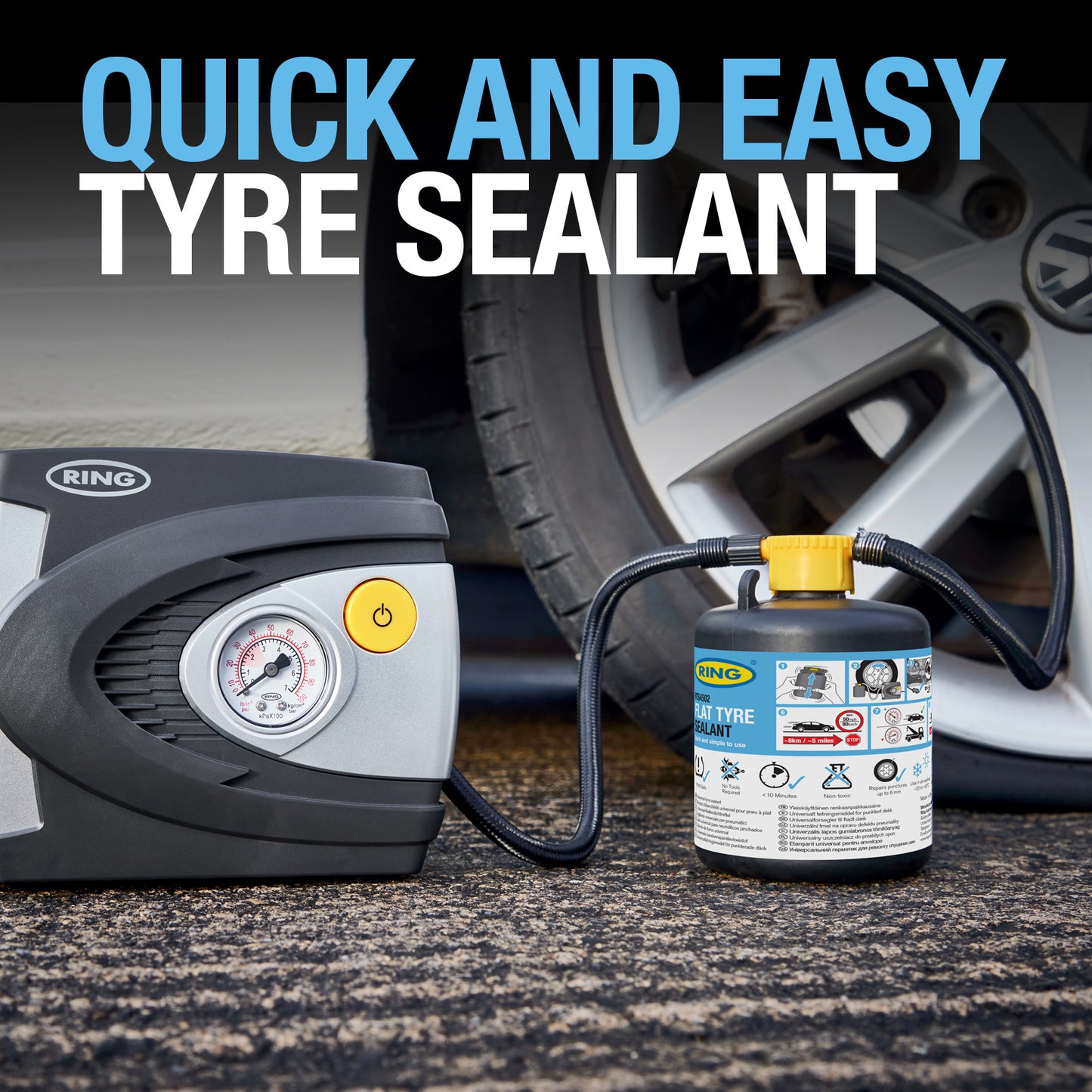 RING RTK6 CAR PUNCTURE REPAIR KIT INCLUDES SEALANT AND RAC610 INFLATOR