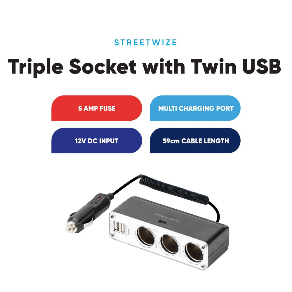 STREETWIZE 12V TRIPLE SOCKET WITH TWIN USB