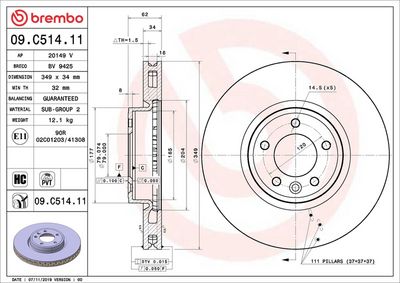 BREMBO BRAKE DISC FOR LAND ROVER, DIAMETER 349, FRONT 09.C514.11