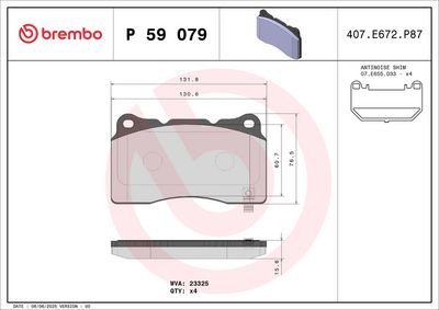 BREMBO BRAKE PAD FOR BUICK (SGM)/CADILLAC/CADILLAC (SGM)/CHEVROLET/FORD/FORD USA/HOLDEN/HYUNDAI/OPEL/RENAULT/TESLA/VAUXHALL, FRONT/REAR