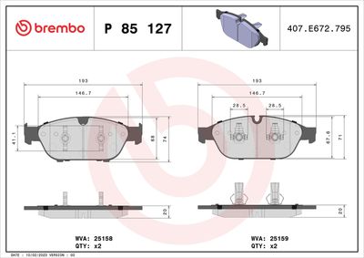 BREMBO BRAKE PAD FOR AUDI/AUDI (FAW)/VW (SVW), FRONT P85127