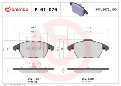 BREMBO BRAKE PAD FOR AUDI/CITROËN/DS (CAPSA)/PEUGEOT/PEUGEOT (DF-PSA)/SEAT/VW, FRONT