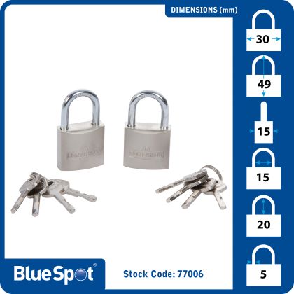 BLUE SPOT TOOLS 2 PCE 30MM SATIN FINISH KEYED ALIKE PADLOCKS