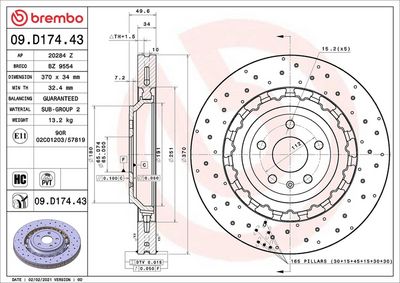 BREMBO BRAKE DISC FOR AUDI, DIAMETER 370, (FRONT) 09.D174.43