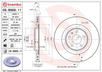 BREMBO BRAKE DISC FOR AUDI/AUDI (FAW)/PORSCHE/VW/VW (SVW), DIAMETER 330, (FRONT/REAR) 09.B969.11