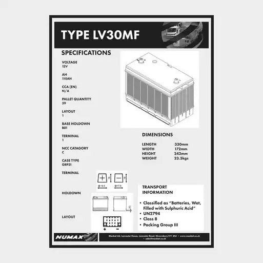 NUMAX POWERSTART LEISURE BATTERY - 12V 105AH 800A (3 YEAR GUARANTEE) - LV30MF
