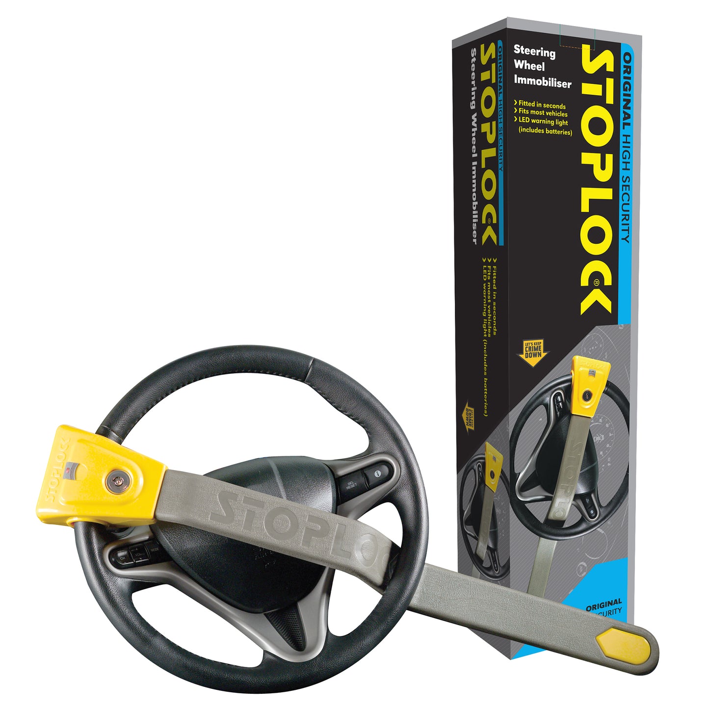 STOPLOCK ORIGINAL ANTI-THEFT KEY LOCK STEERING WHEEL LOCK - ANTI-THEFT SECURITY DETERRENCE DEVICE FOR CARS AND OTHER VEHICLES, YELLOW