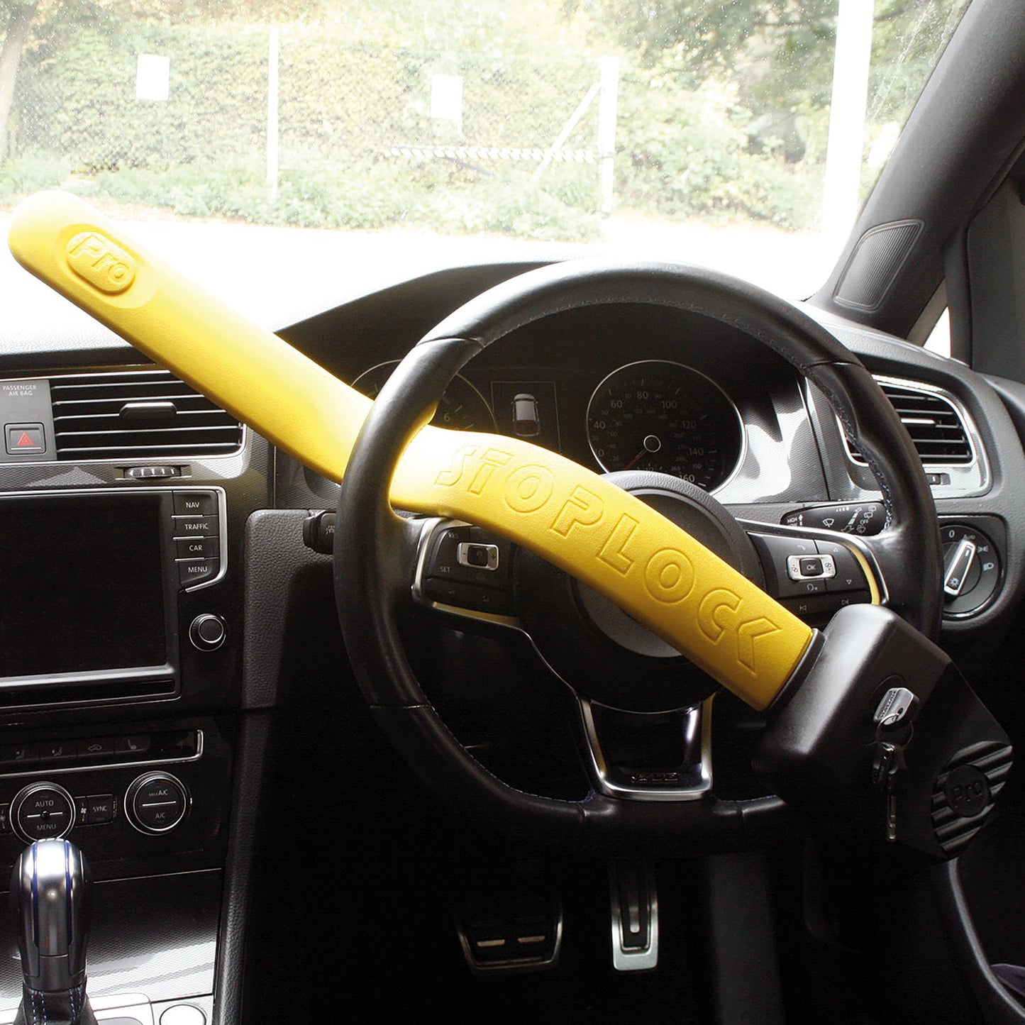 STOPLOCK PRO ELITE CAR STEERING WHEEL LOCK - SAFE SECURE HEAVY DUTY ANTI-THEFT BAR - UNIVERSAL FIT - INCLUDES 2 KEYS AND CARRY BAG, BLACK/YELLOW, 1 UNIT