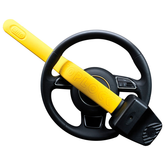 STOPLOCK PRO ELITE CAR STEERING WHEEL LOCK - SAFE SECURE HEAVY DUTY ANTI-THEFT BAR - UNIVERSAL FIT - INCLUDES 2 KEYS AND CARRY BAG, BLACK/YELLOW, 1 UNIT