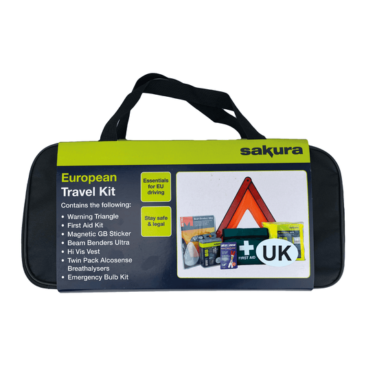 SAKURA EU TRAVEL AND FIRST AID KIT - WARNING TRIANGLE, BEAM CONVERTERS, BREATHALYSER, BULB KIT, HI-VIS VEST, MAGNETIC GB STICKER PERFECT FOR CAR, HOME, WORK