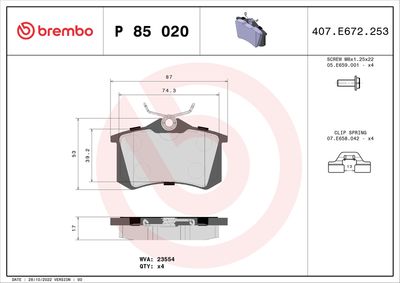 BREMBO BRAKE PAD FOR AUDI/AUDI (FAW)/CITROËN/CITROËN (DF-PSA)/DS/FIAT/FORD/HONGQI/JETTA/LANCIA/MG/MG (SAIC)/PEUGEOT/PEUGEOT (DF-PSA)/ROEWE (SAIC)/SEAT/SHUANGHUAN/SKODA/SKODA (SVW)/VW/VW (FAW)/VW (SVW)/ZHONGHUA (BRILLIANCE) - FRONT/REAR P85020