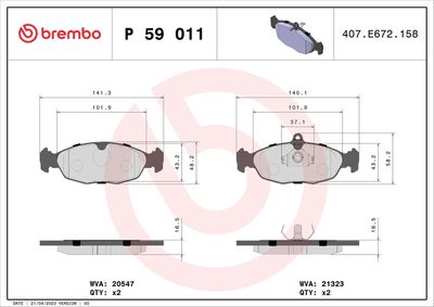 BREMBO BRAKE PAD FOR BUICK (SGM)/CHEVROLET/CHEVROLET (SGM)/DAEWOO/FSO/HOLDEN/JAGUAR/OPEL/VAUXHALL/ZAZ,  FRONT