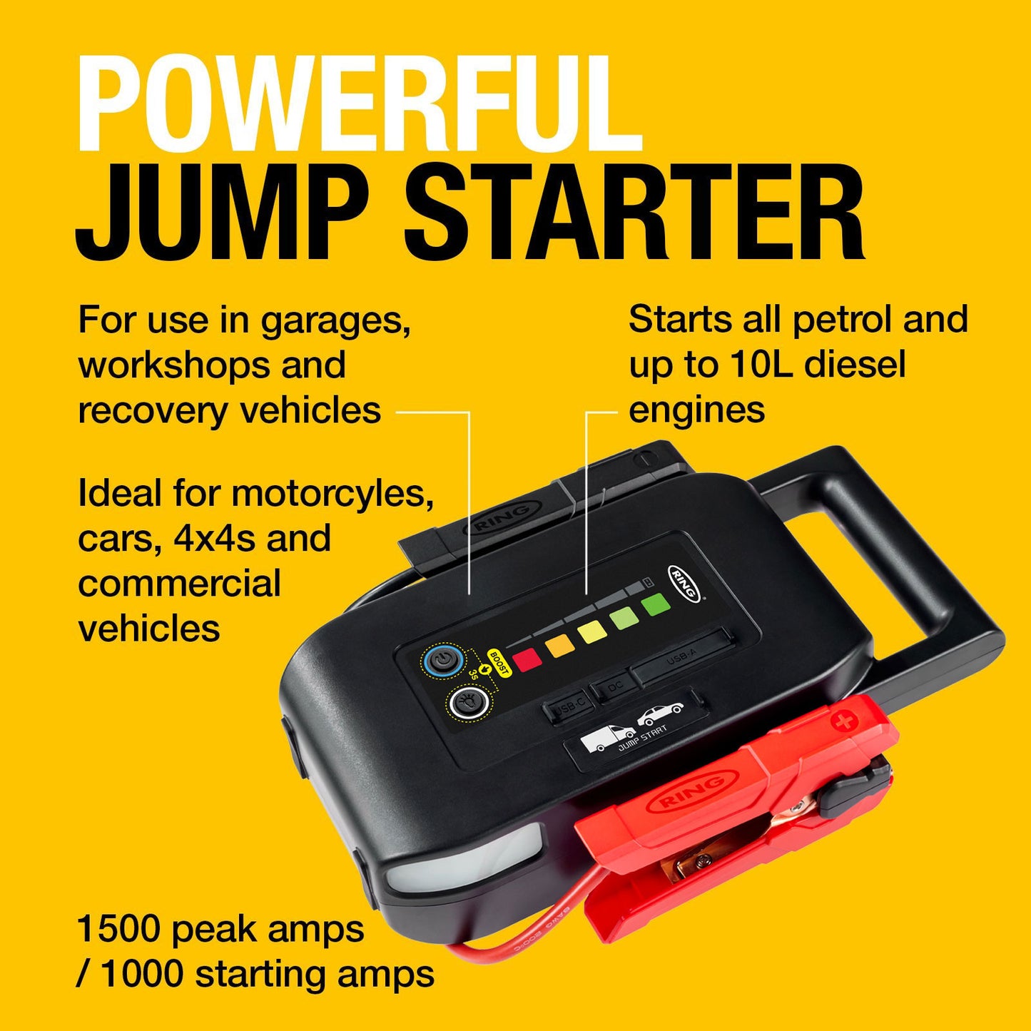 RING JUMPSTART PRO 1000 PROFESSIONAL JUMP STARTER (START ALL 12V VEHICLES UP TO 10L WITH BOOST)