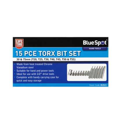 BLUE SPOT TOOLS 15 PCE 1/2" TORX BIT SET (T20-T55)