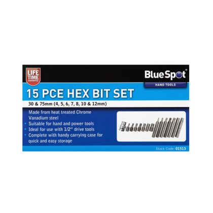 BLUE SPOT TOOLS 15 PCE 1/2" HEX BIT SET (H4-H12)