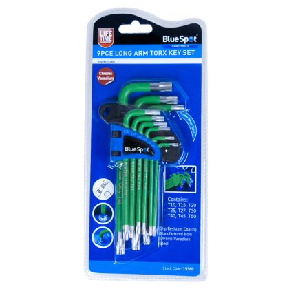 BLUE SPOT TOOLS 9 PCE LONG ARM TAMPER PROOF TORX KEY SET (T10-T50) - 15380