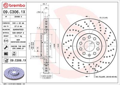 BREMBO BRAKE DISC FOR AUDI/CHRYSLER/CUPRA/SEAT/SKODA/SKODA (SVW)/VW/VW (FAW)/VW (SVW), DIAMETER 340, FRONT