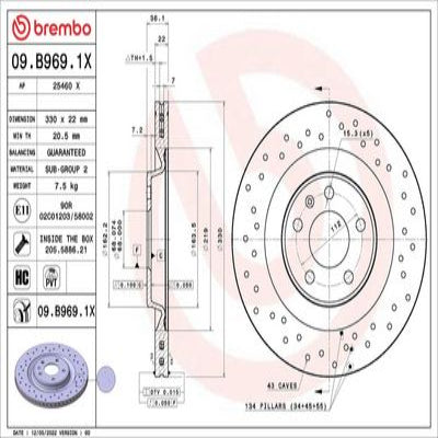 BREMBO BRAKE DISC FOR AUDI/AUDI (FAW)/PORSCHE/VW/VW (SVW), DIAMETER 330, FRONT/REAR