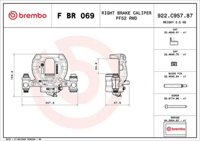 BREMBO PRIME F BR 069 BRAKE CALIPER LCV SUITABLE FOR MERCEDES-BENZ SPRINTER - DIAMETER 52 - REAR AXLE RIGHT, IN FRONT OF AXLE