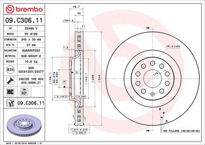 BREMBO BRAKE DISC FOR AUDI/CHRYSLER/CUPRA/SEAT/SKODA/SKODA (SVW)/VW/VW (FAW)/VW (SVW), DIAMETER 340, (FRONT) 09.C306.11