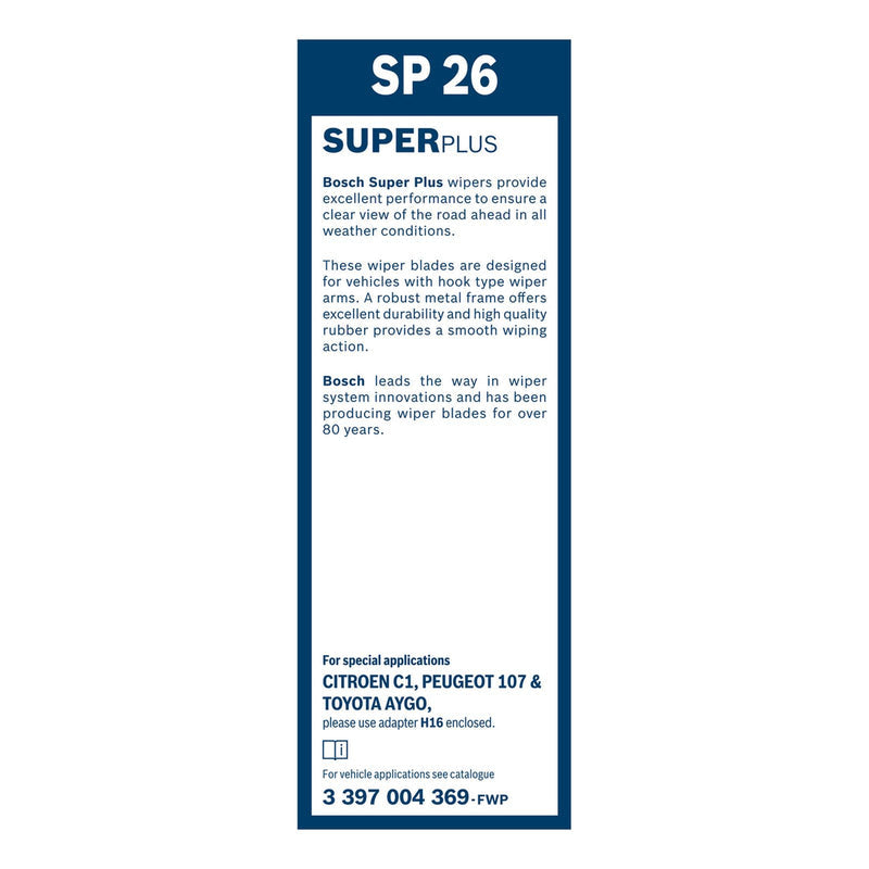 BOSCH WIPER - SUPERPLUS STD BLADE 650 for Peugeot 107 - 1.0 - 05-14 etc