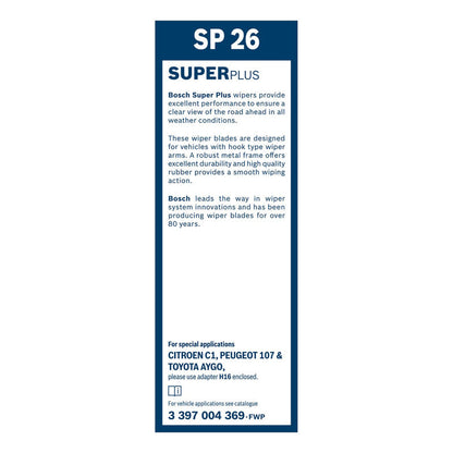 BOSCH WIPER - SUPERPLUS STD BLADE 650 for Peugeot 107 - 1.0 - 05-14 etc