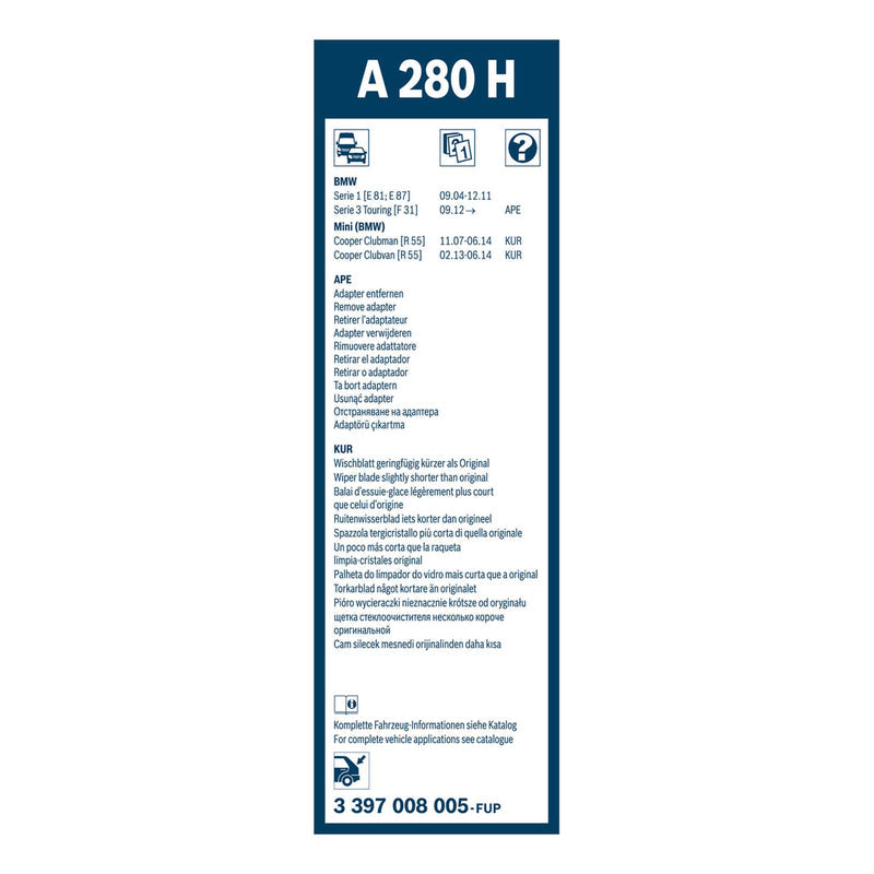 BOSCH WIPER - AEROTWIN FLAT BLADE REAR 280 for BMW 1 118d - 2.0 - 07-11 etc