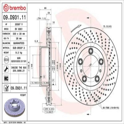 BREMBO BRAKE DISC FOR PORSCHE, DIAMETER 330, FRONT 09.D931.11