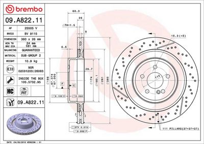 BREMBO BRAKE DISC FOR MERCEDES-BENZ, DIAMETER 360, REAR 09.A822.11