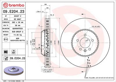 BREMBO BRAKE DISC FOR LAND ROVER, DIAMETER 380, FRONT 09.E204.23
