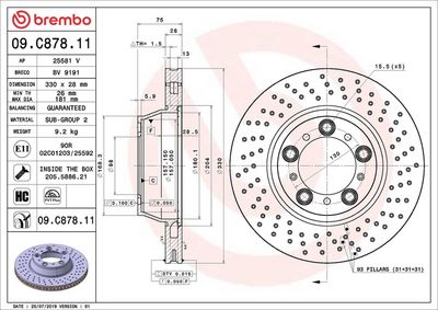 BREMBO BRAKE DISC FOR PORSCHE, DIAMETER 330, REAR 09.C878.11