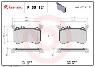 BREMBO BRAKE PAD FOR MERCEDES-BENZ,  FRONT P50121