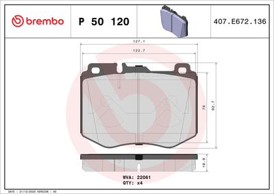 BREMBO BRAKE PAD FOR MERCEDES-BENZ/MERCEDES-BENZ (BBDC),  FRONT P50120